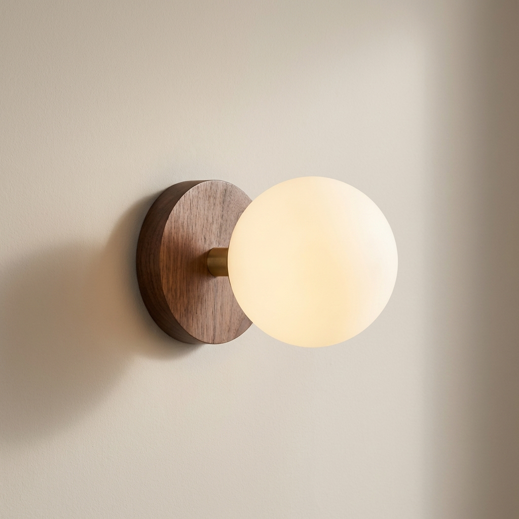 Wall-mounted light fixture with wooden base and white bulb on a neutral background