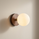 Wall-mounted light fixture with wooden base and white bulb on a neutral background