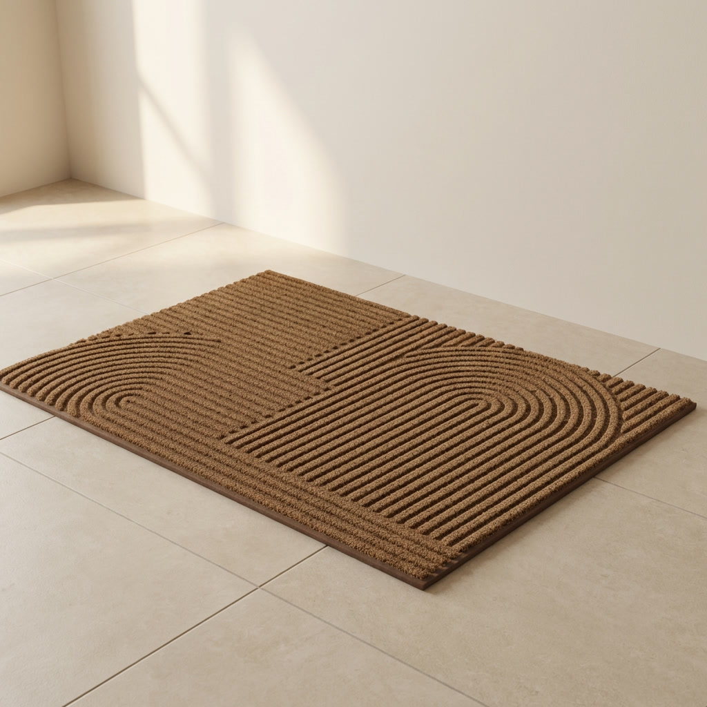 Brown doormat with textured pattern on a light tiled floor