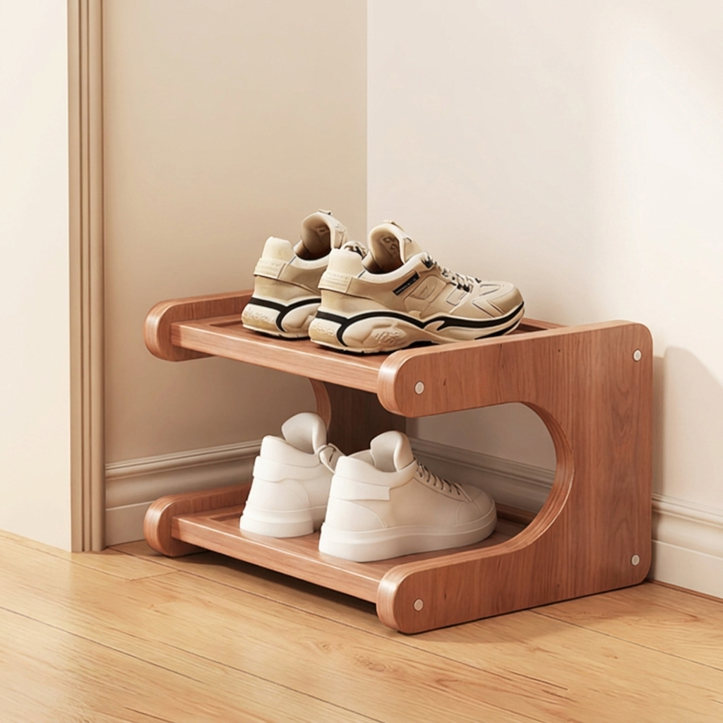 Wooden shoe rack with shoes on a wooden floor.