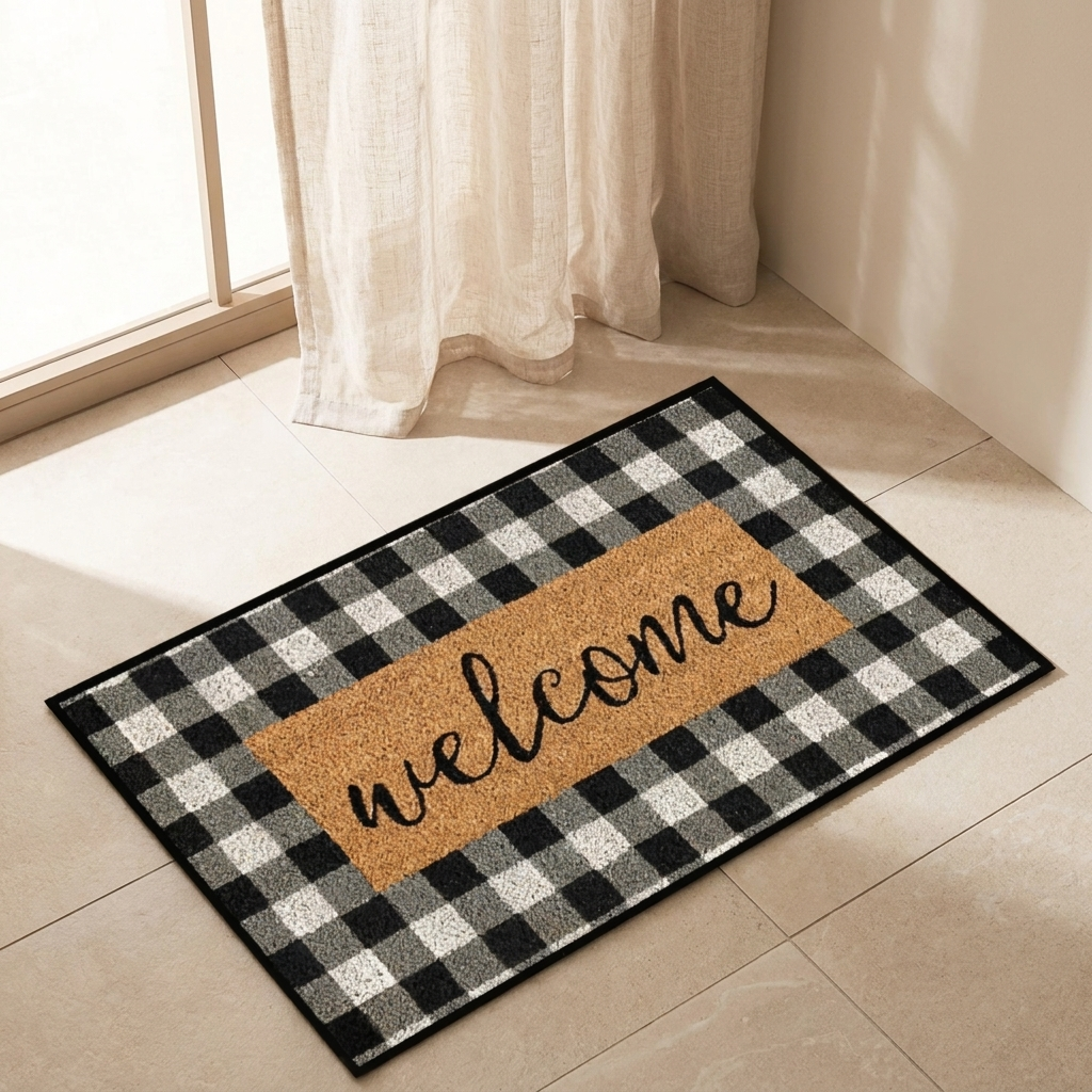 Buffalo Plaid Welcome Door Mat - Stylish Outdoor Entryway Coverage 0