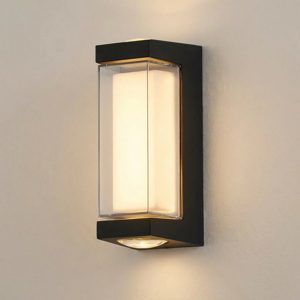 Modern outdoor wall light fixture on a neutral wall