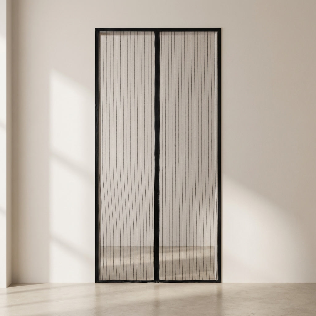 Black-framed mesh screen door in a minimalistic room with light-colored walls and floor.