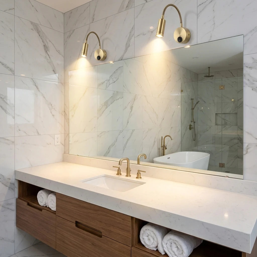 Modern bathroom with marble walls, a vanity, and a large mirror.