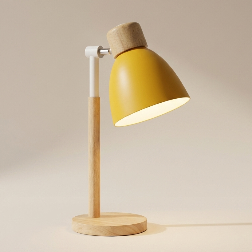 Yellow table lamp with wooden base on a beige background