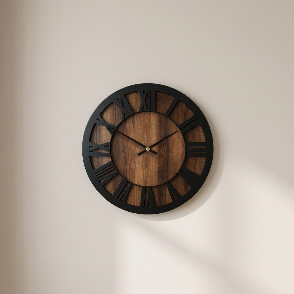 Wooden wall clock with black frame and Roman numerals on a beige wall.