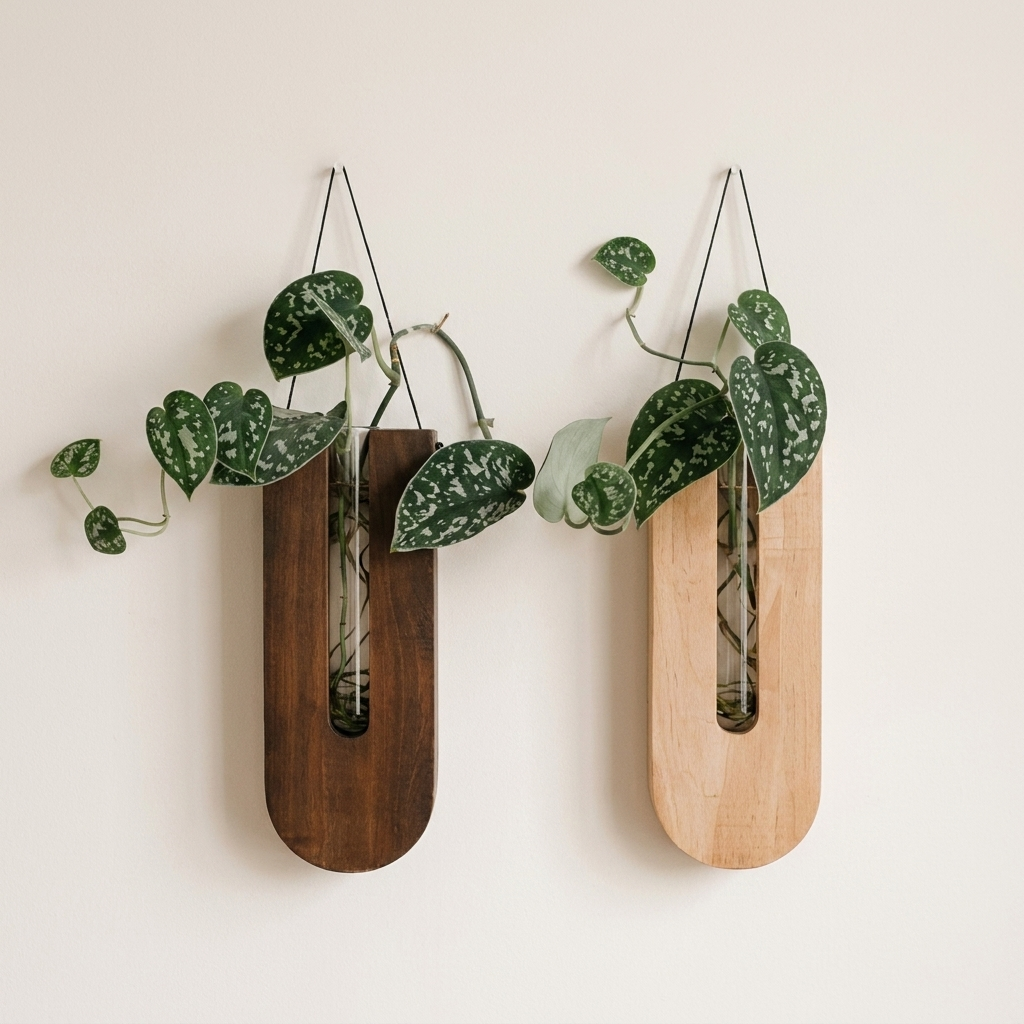 Two wall-mounted planters with hanging plants on a plain background