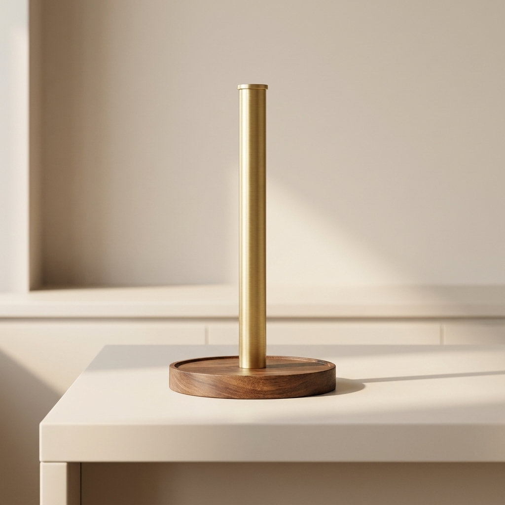 Gold and wooden lamp on a white surface with a neutral background