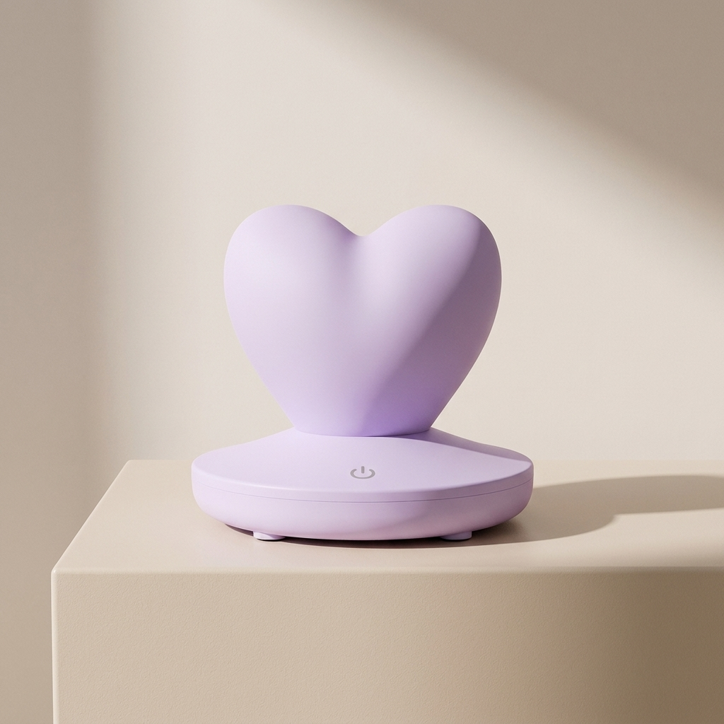Heart-shaped purple device on a beige surface with a neutral background