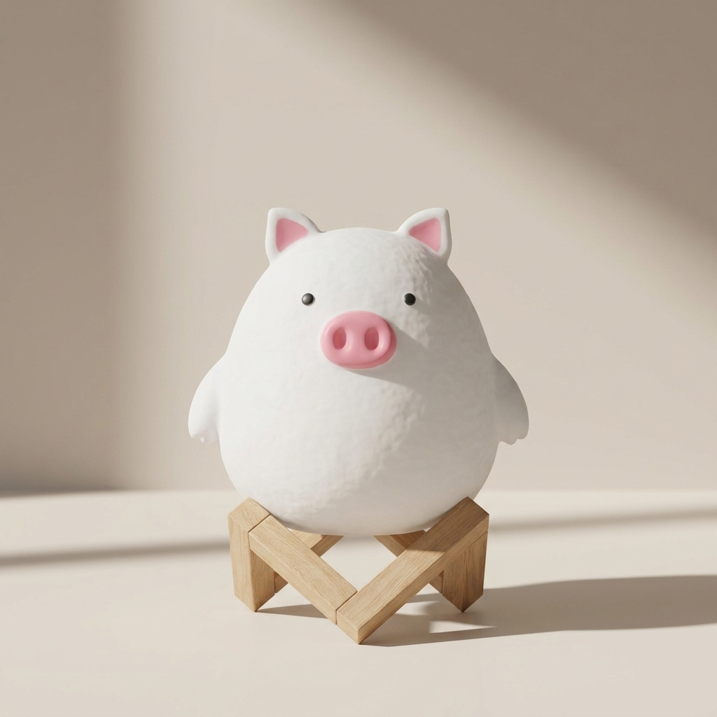 White pig-shaped night light on a wooden stand against a beige background