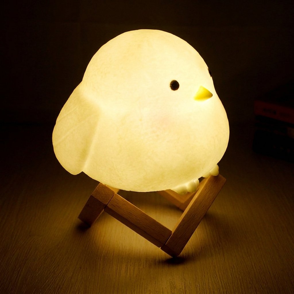Lamp shaped like a chick on a wooden stand with a dark background