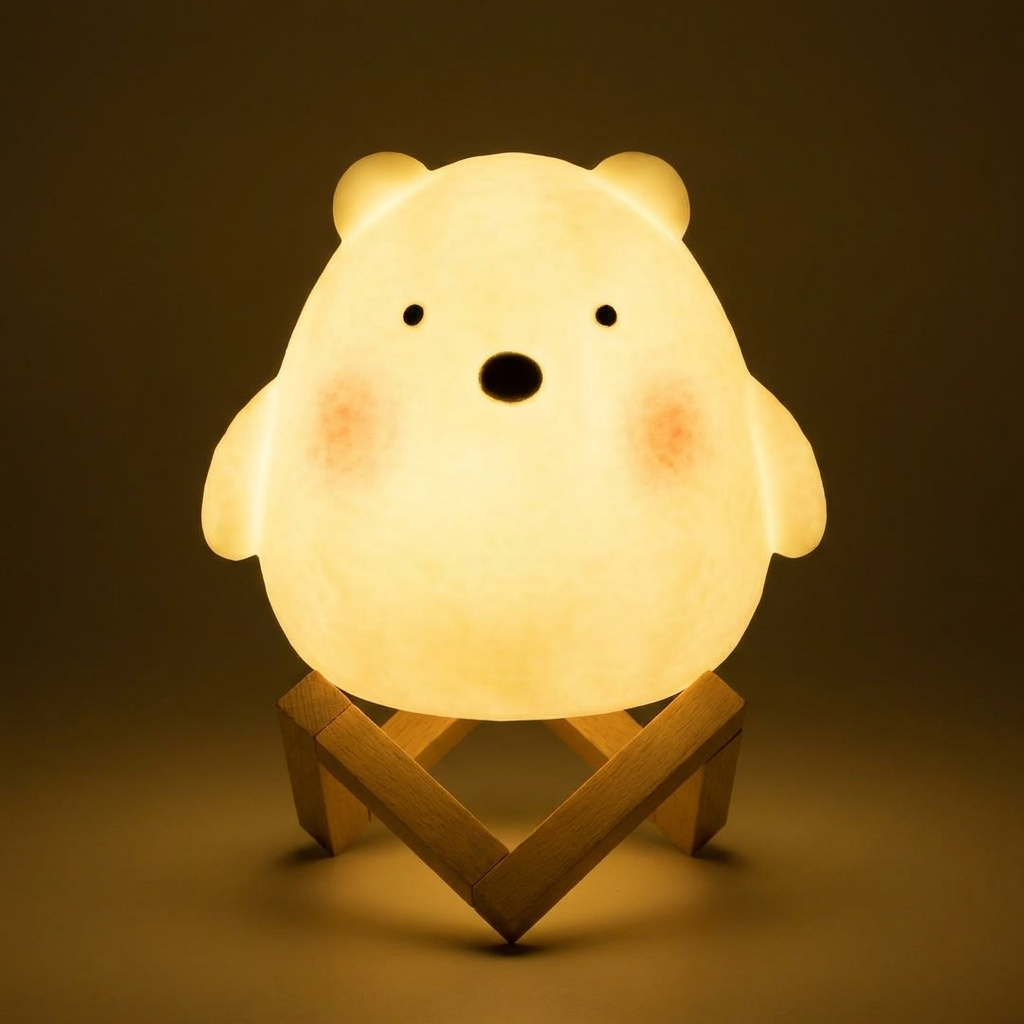 Cute dog-shaped night light on a wooden stand with a warm glow against a dark background
