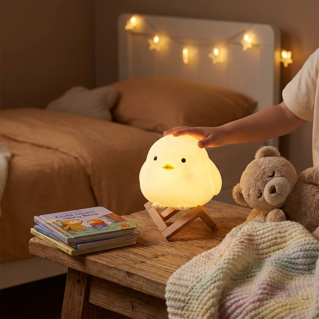 Child's hand touching a chick-shaped night light on a bedside table with books and a teddy bear.