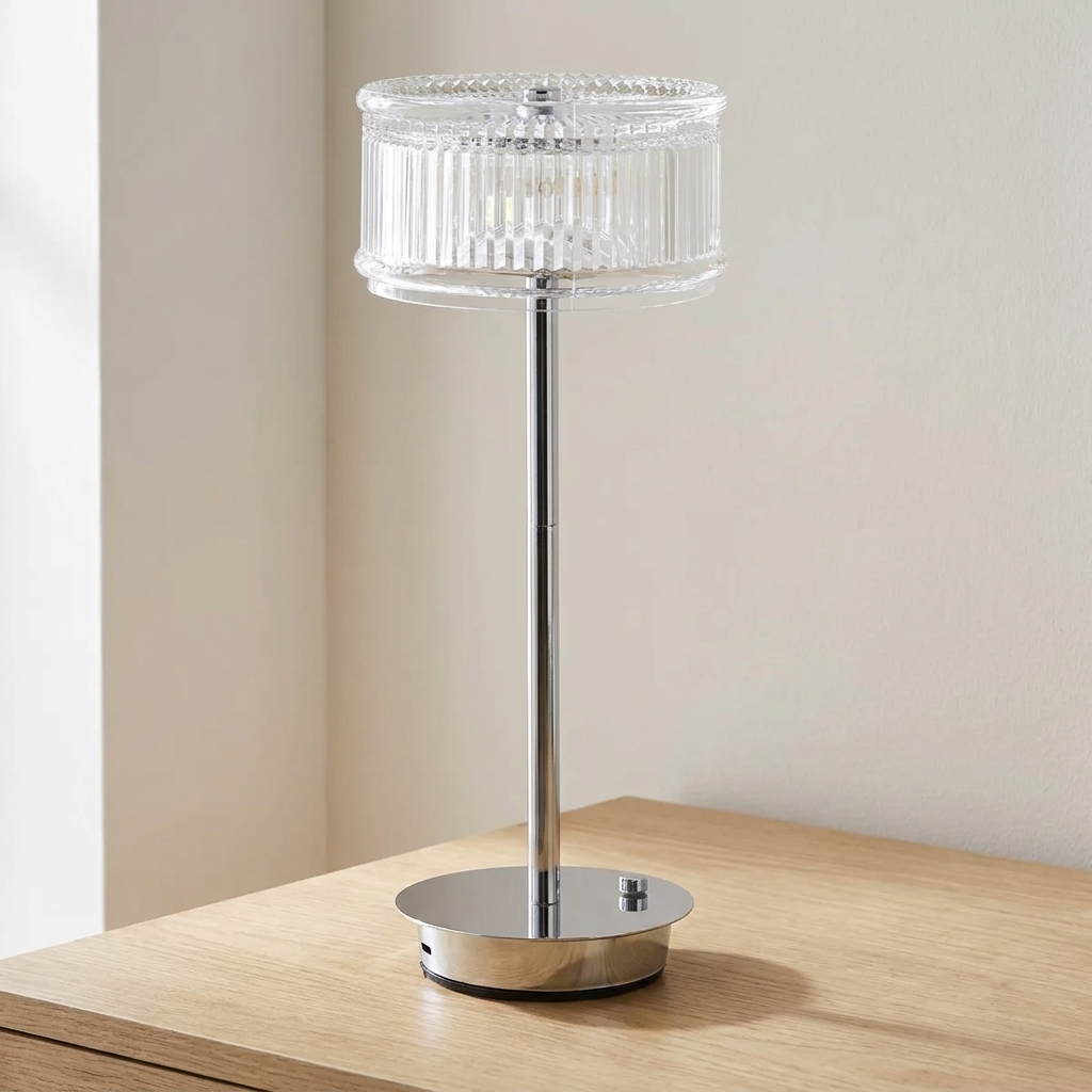 Table lamp with crystal design on a wooden surface