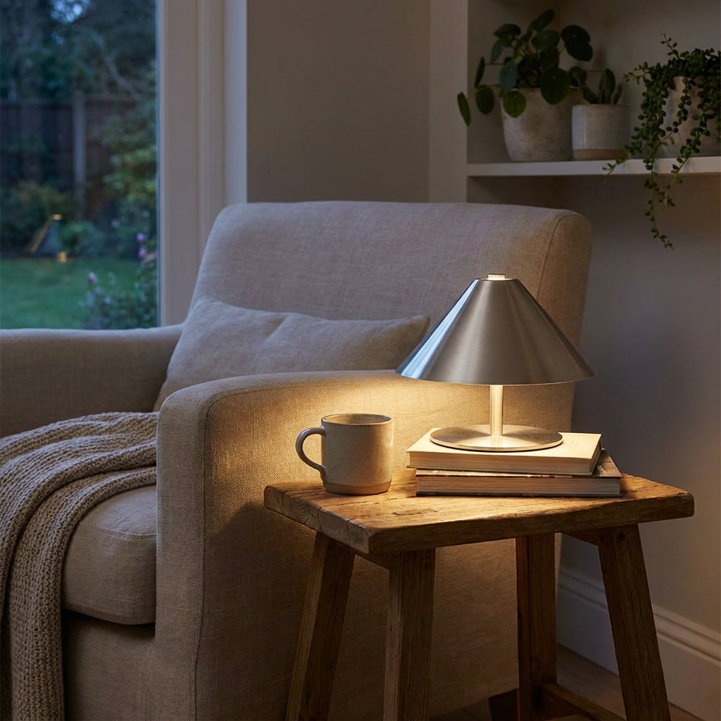 Cozy living room scene with a beige armchair, wooden side table, lamp, and mug.