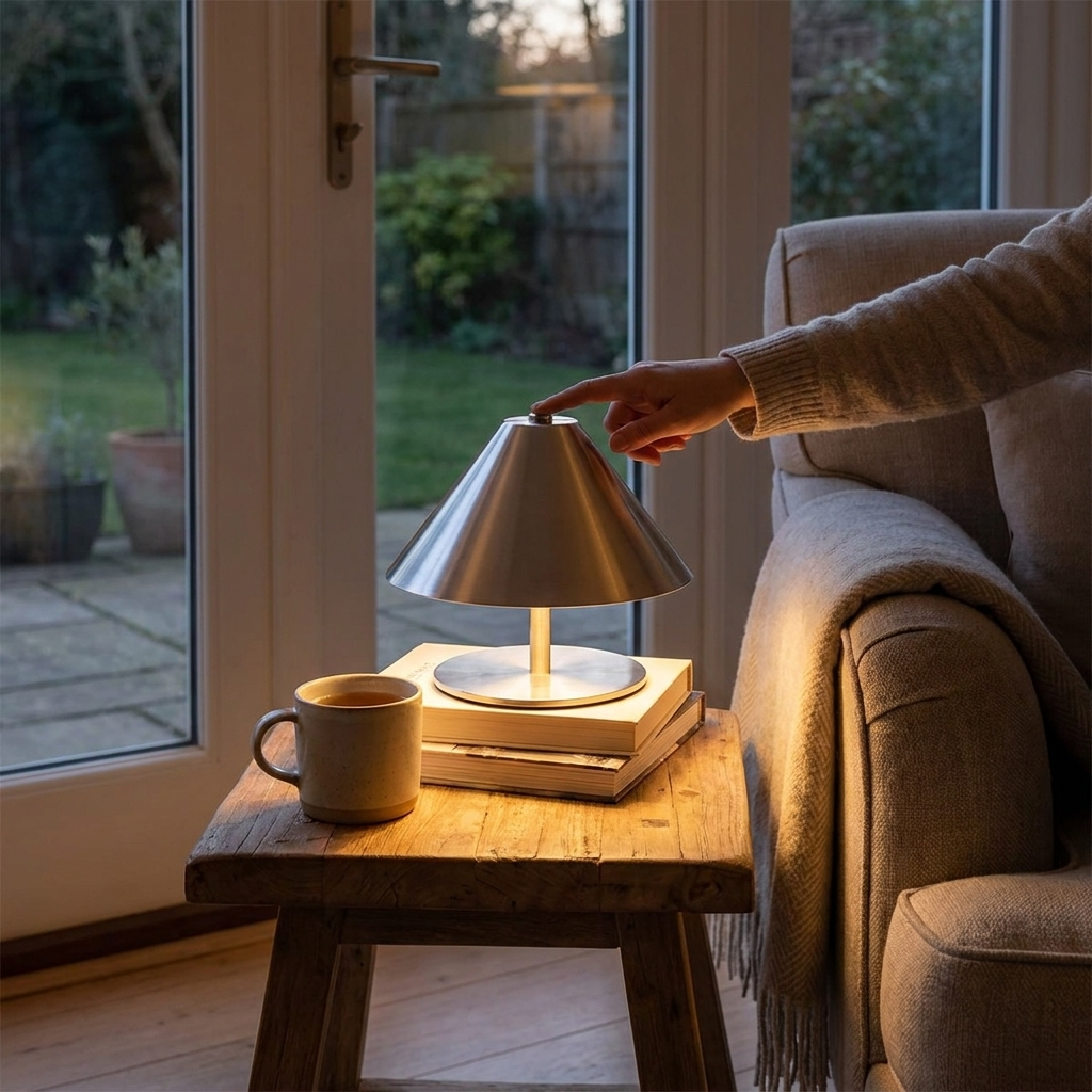 Person adjusting a lamp on a wooden table next to a sofa with a view of a garden.
