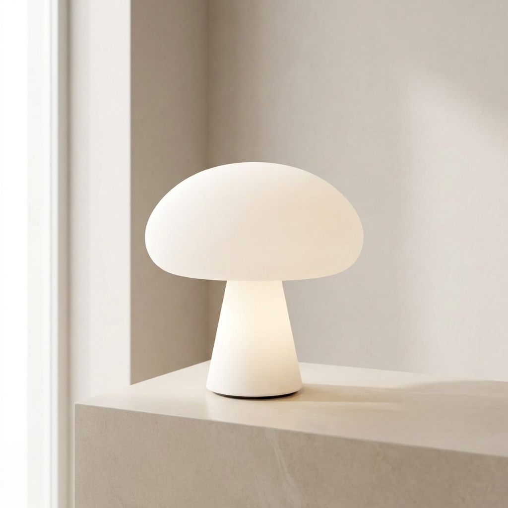 White mushroom-shaped table lamp on a shelf with a neutral background