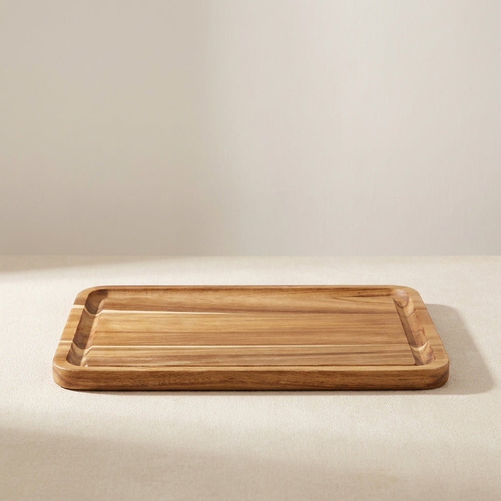 Wooden tray on a beige surface with a neutral background