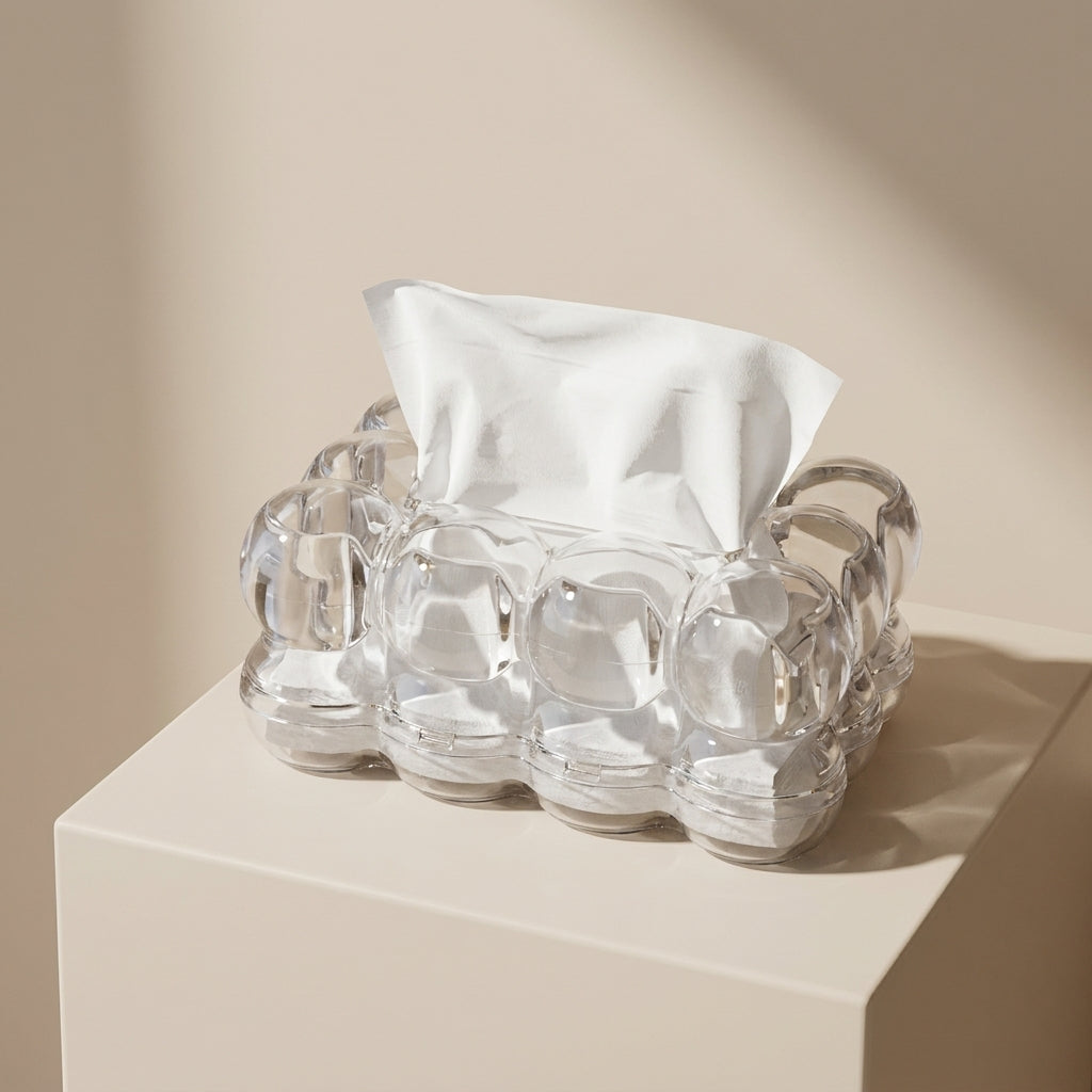 Clear glass egg carton with a white napkin on a beige surface