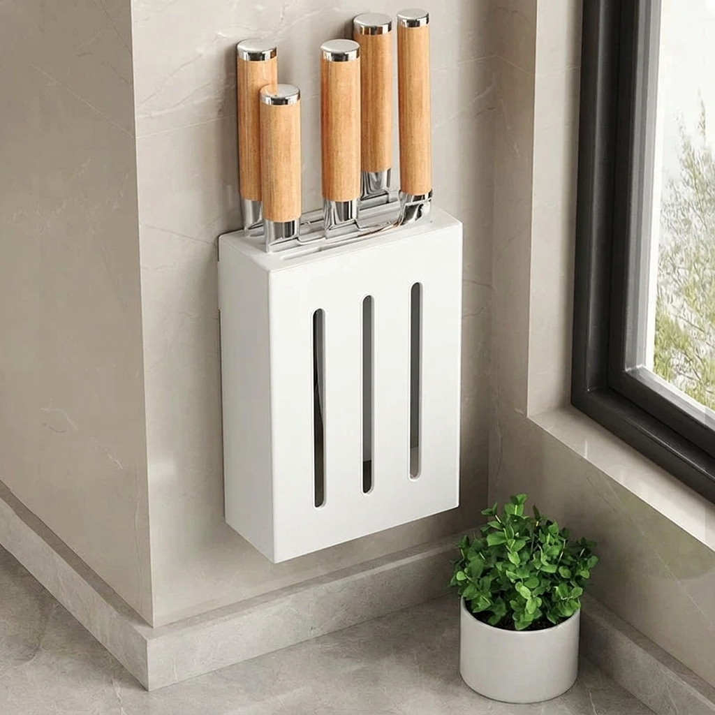 Set of knives with wooden handles in a white magnetic knife holder on a kitchen wall.