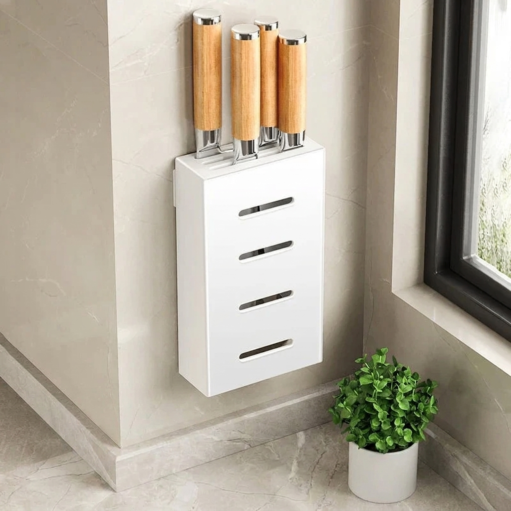 Kitchen Knife Holder Wall Mounted Adhesive Rack Stainless Steel No Drill Knife Storage Organizer 1