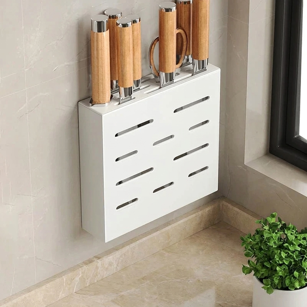 White wall-mounted cabinet with wooden and metallic containers in a bathroom setting.