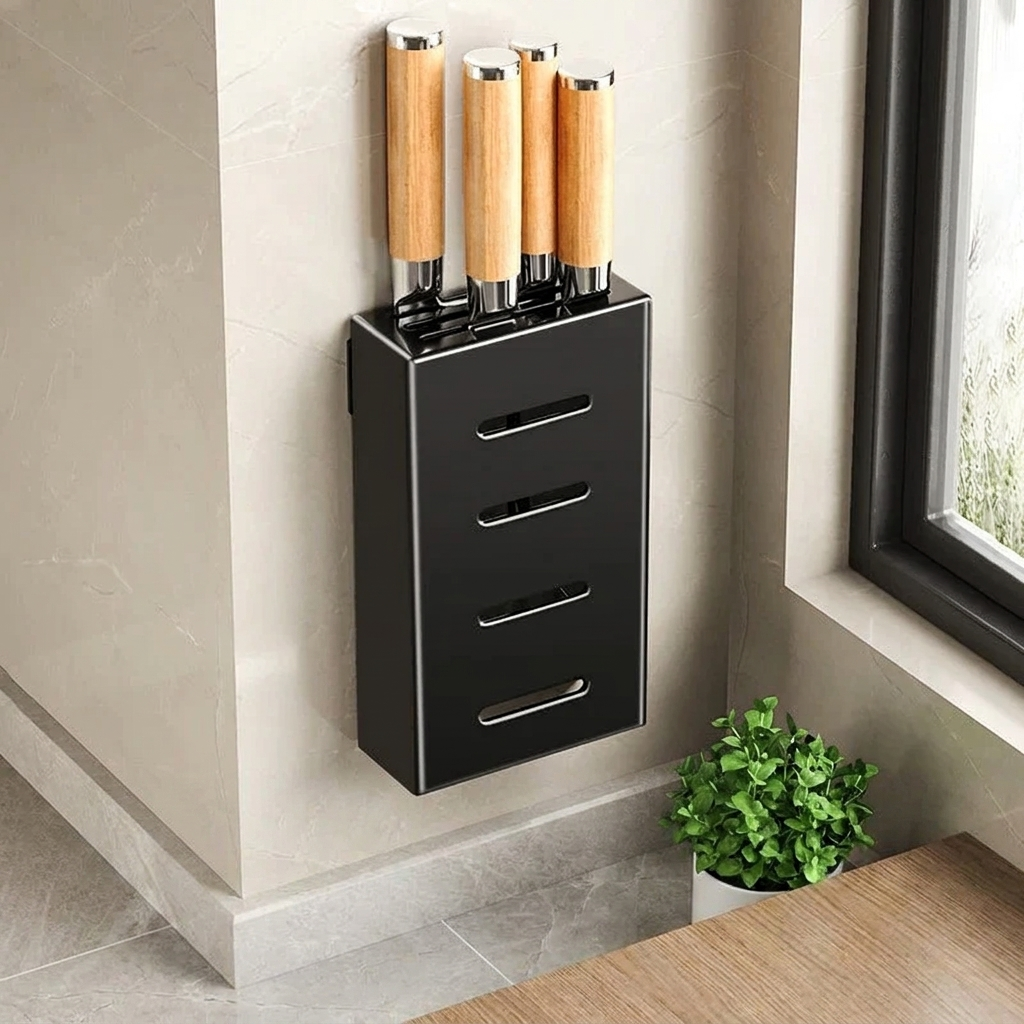 Kitchen Knife Holder Wall Mounted Adhesive Rack Stainless Steel No Drill Knife Storage Organizer 2
