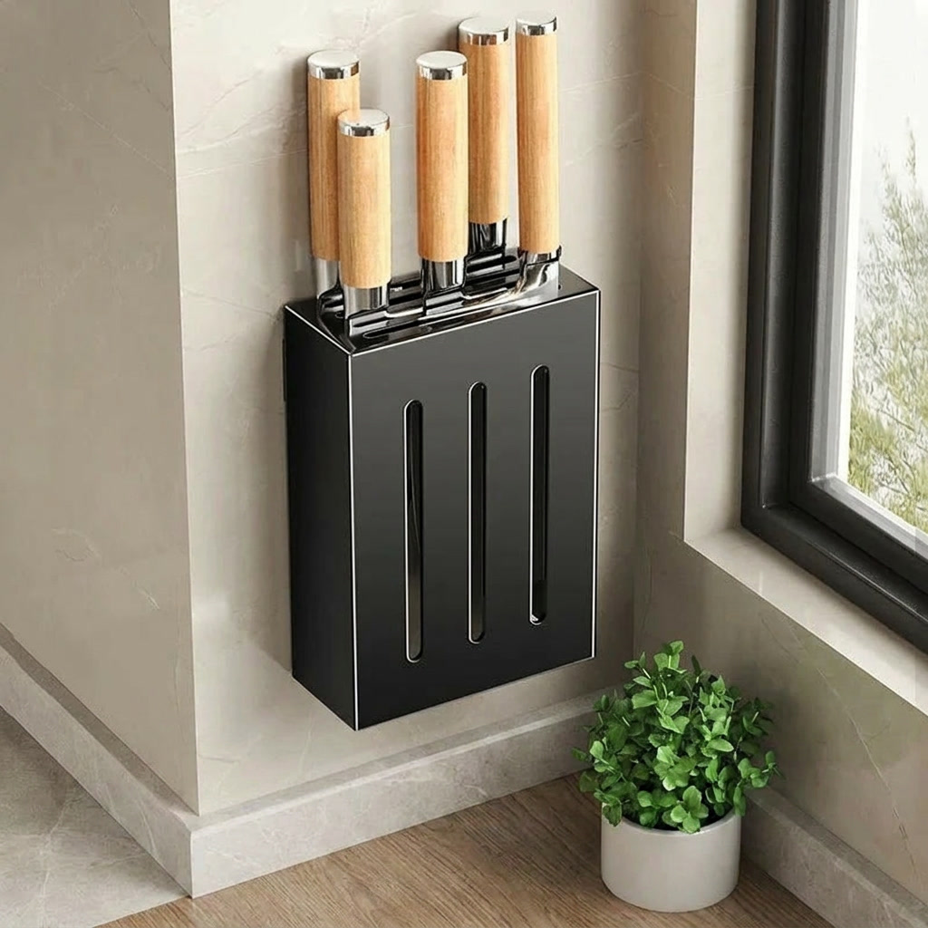 Kitchen Knife Holder Wall Mounted Adhesive Rack Stainless Steel No Drill Knife Storage Organizer 3