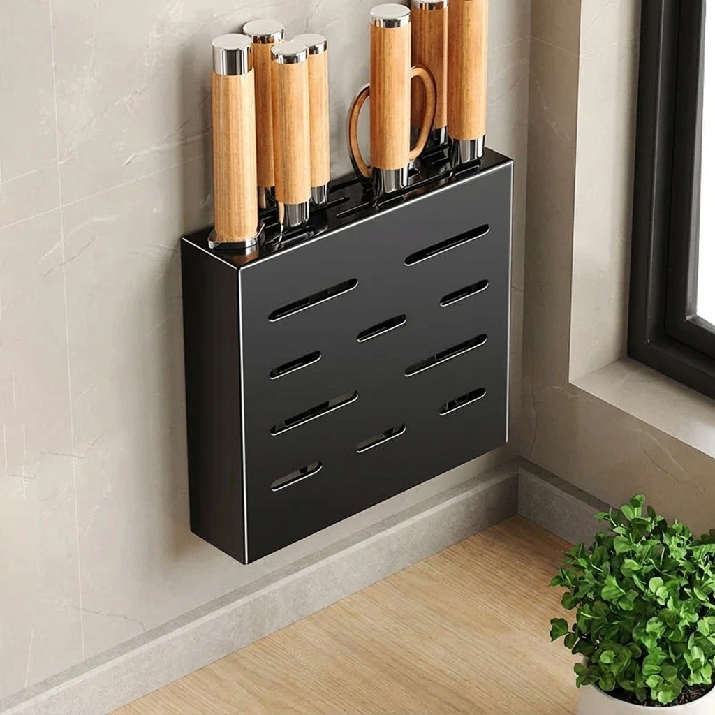 Black knife block with wooden-handled knives mounted on a wall next to a window.
