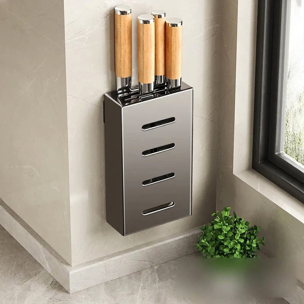 Set of knives in a wooden block on a gray wall-mounted knife block with a plant in the foreground.