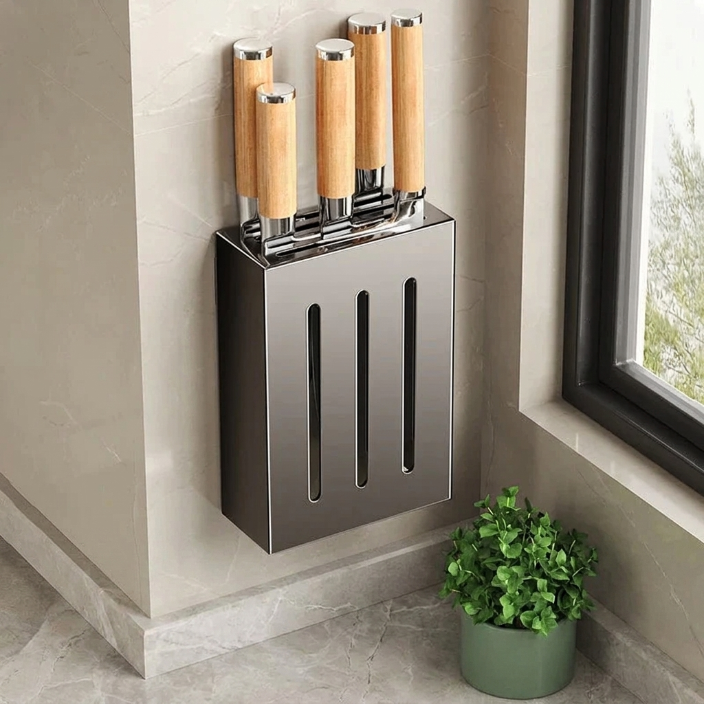 Set of knives with wooden handles in a metallic holder on a kitchen wall.