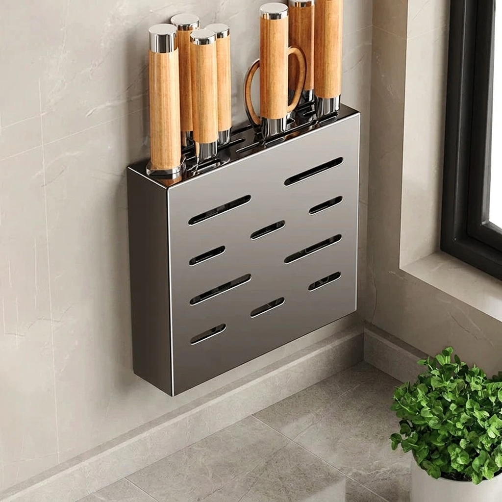 Kitchen Knife Holder Wall Mounted Adhesive Rack Stainless Steel No Drill Knife Storage Organizer 5