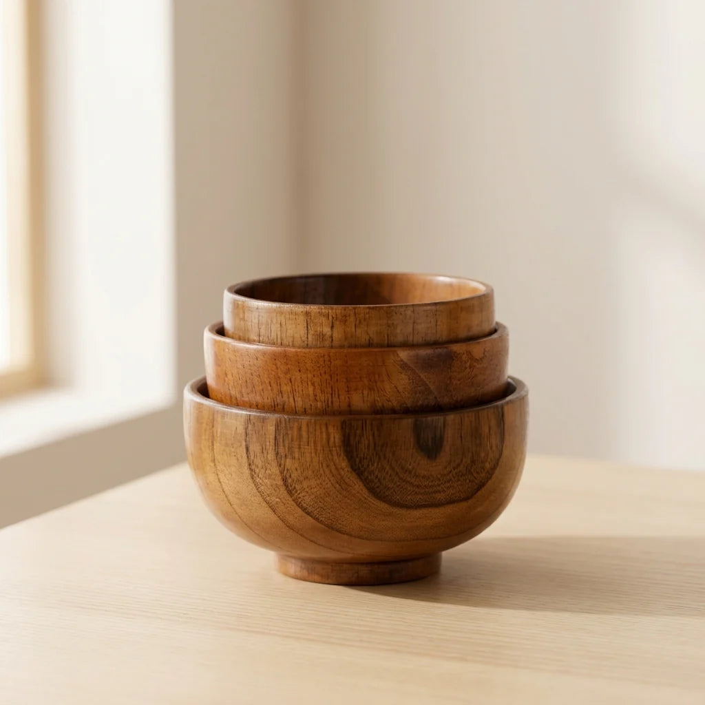 Jujube Wood Serving Bowl, Natural Wood Grain Finish, Raised Base