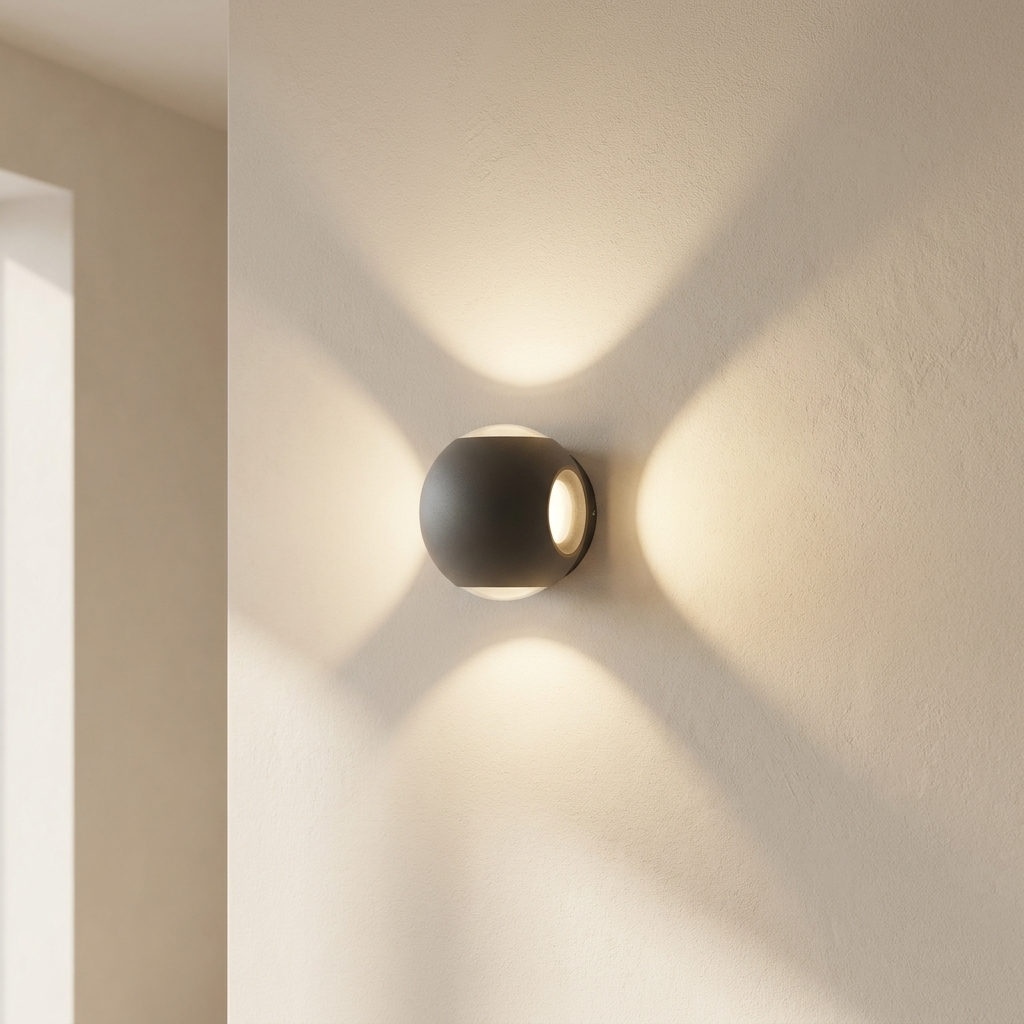 Modern wall-mounted light fixture casting a soft glow on a neutral wall.