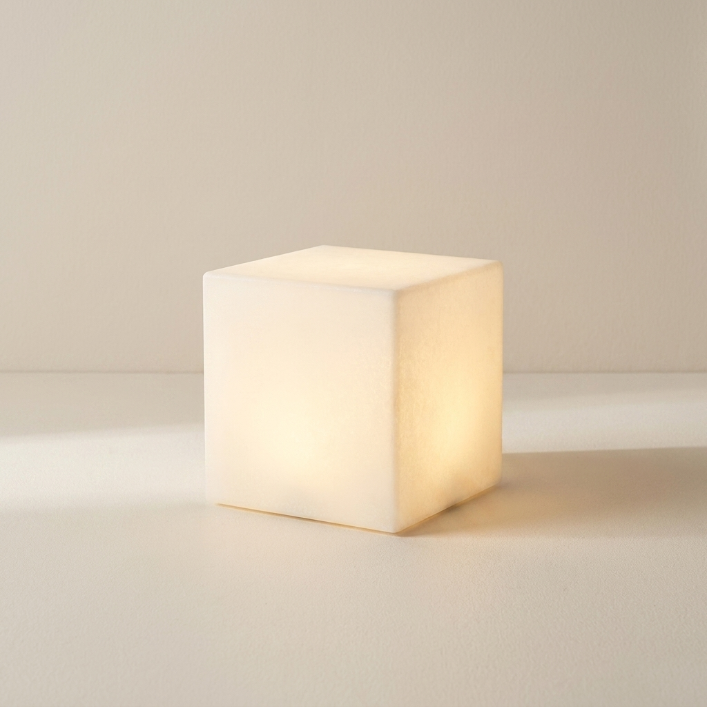 Cube-shaped lamp emitting a warm glow on a neutral background