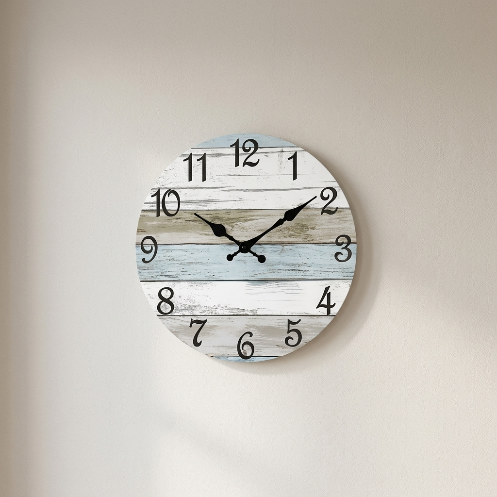 Wooden wall clock with a rustic design on a plain wall