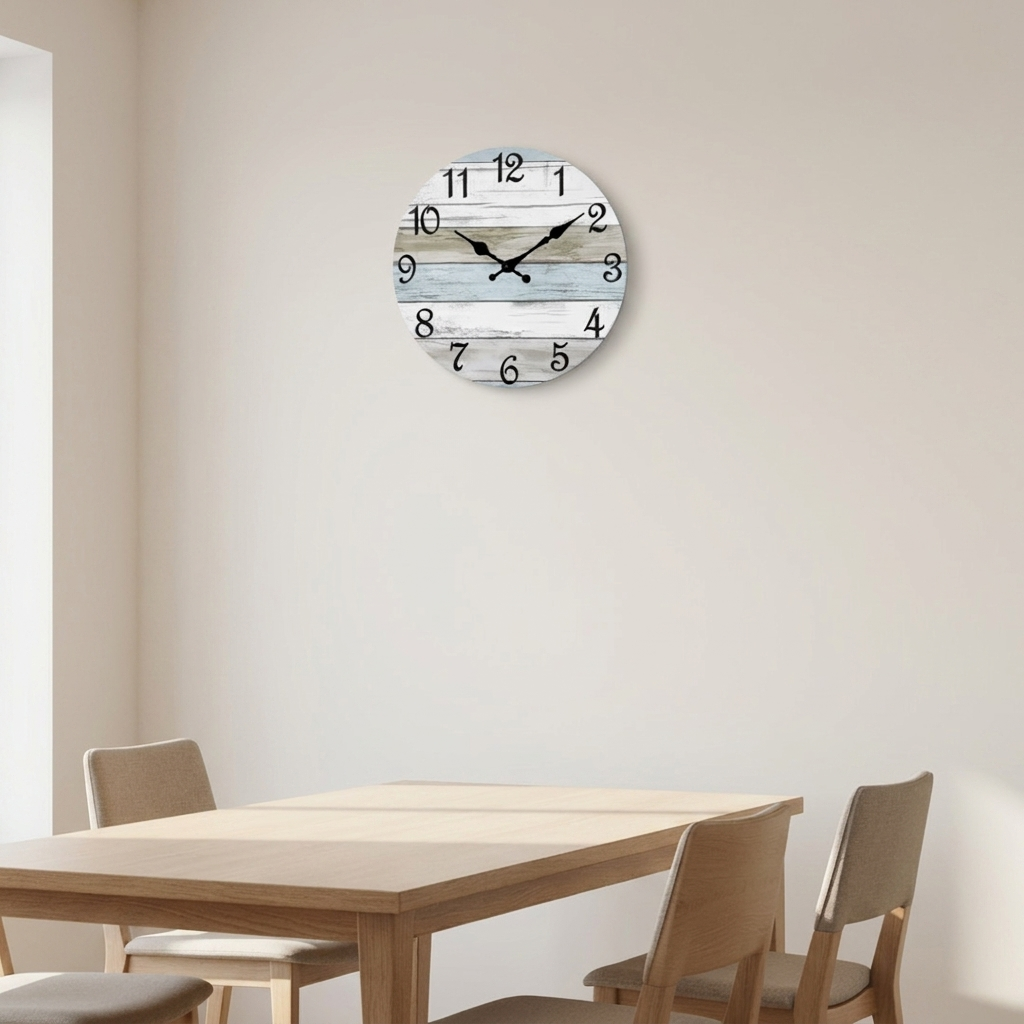 Dining room with a wooden table and chairs, featuring a decorative wall clock.