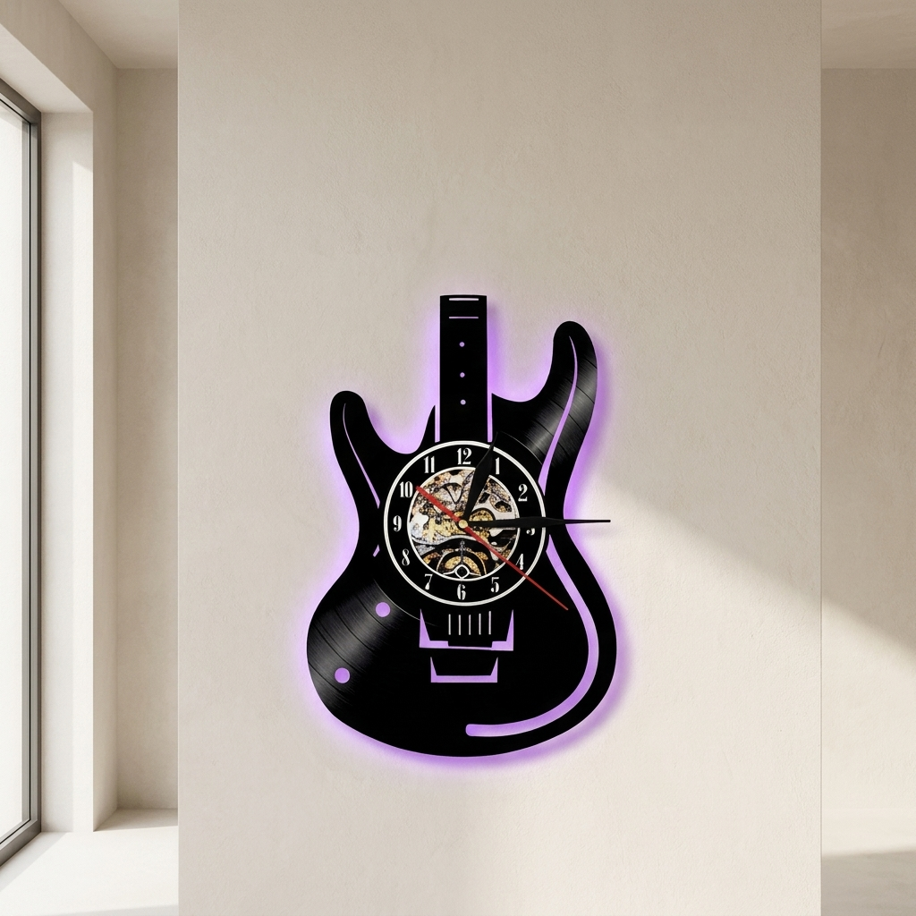 Guitar-shaped wall clock with LED lighting on a beige wall.