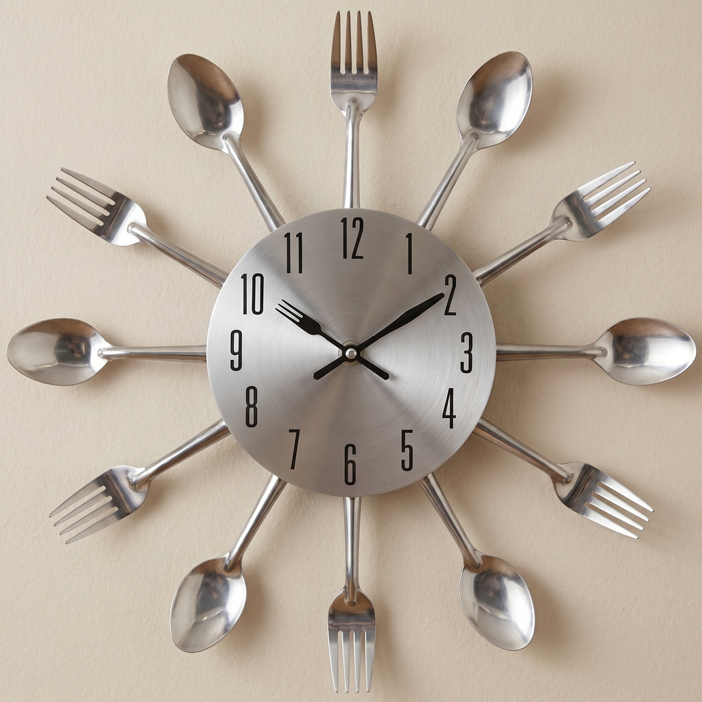 Wall clock made of silver forks and spoons on a beige background