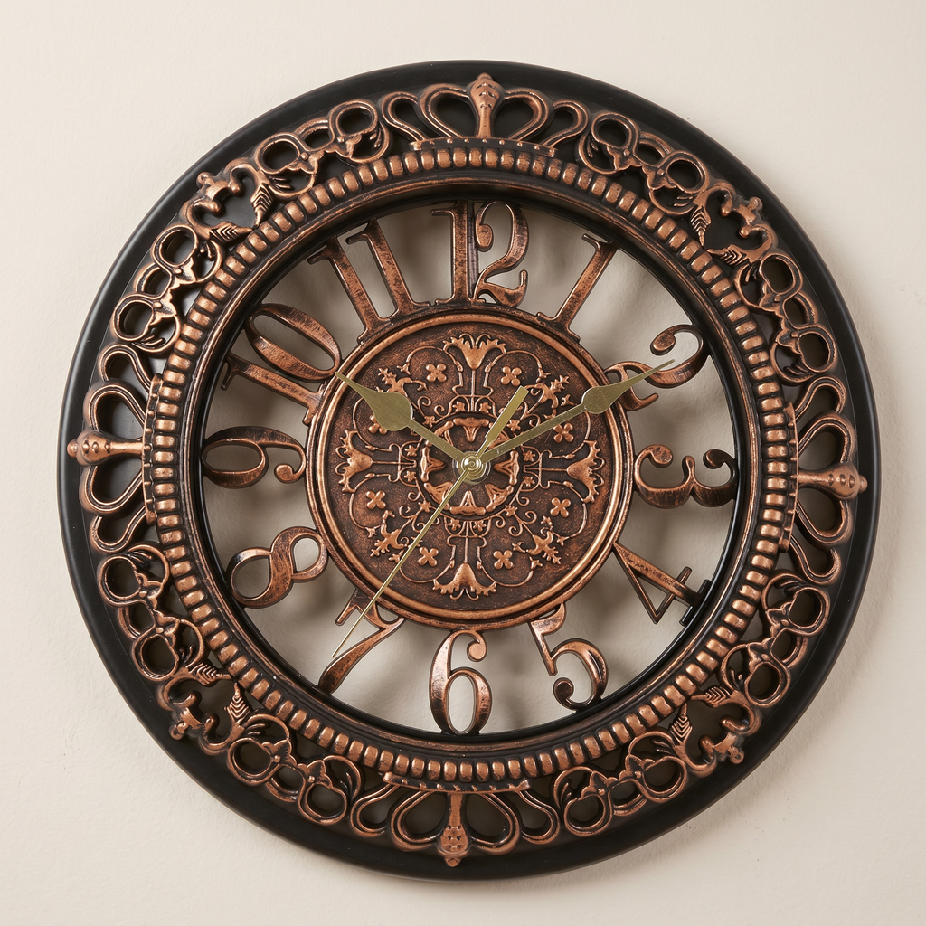 Decorative wall clock with intricate designs on a beige background