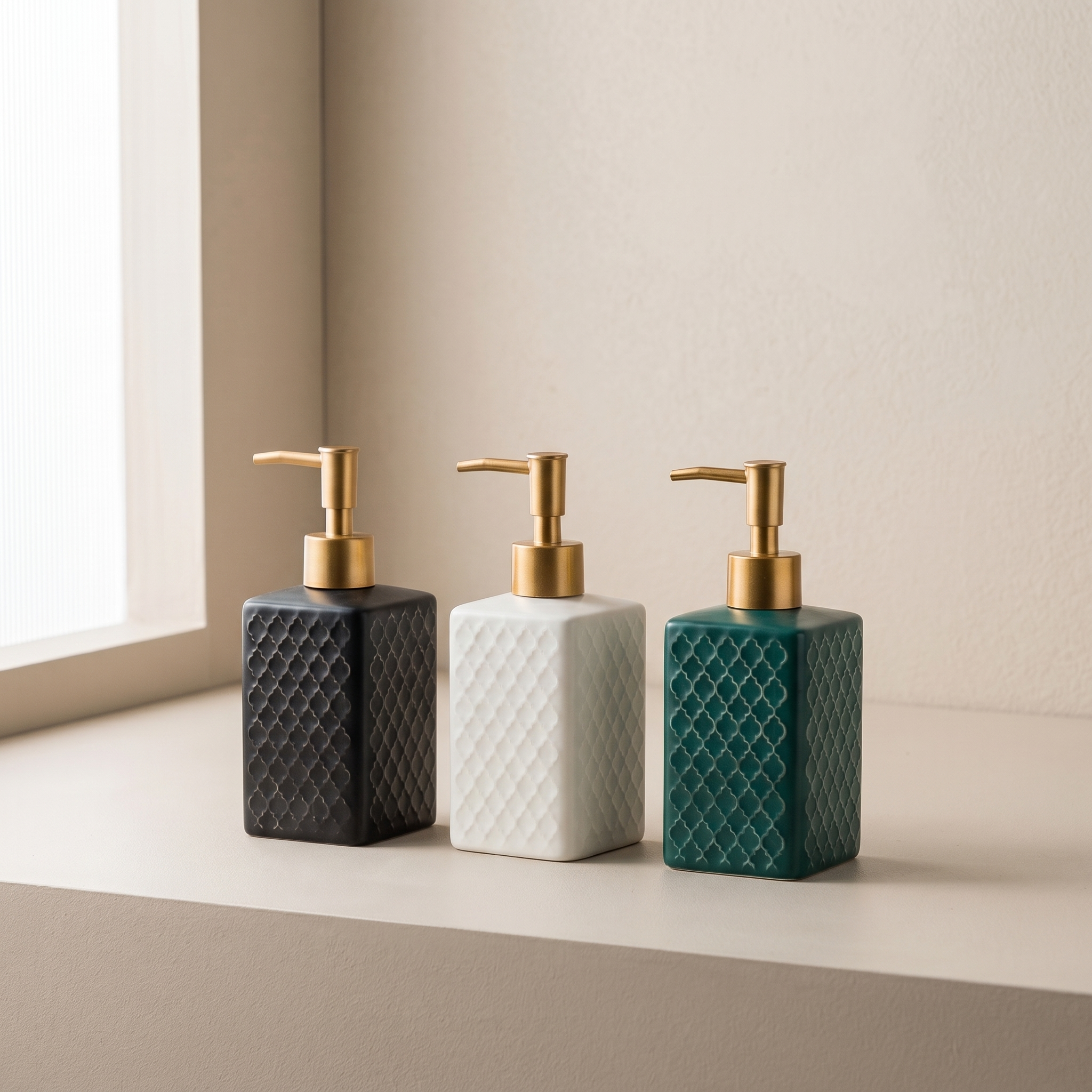 Three ceramic soap dispensers with gold pumps on a neutral background