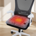 Heated office chair cushion on a mesh office chair with a neutral background