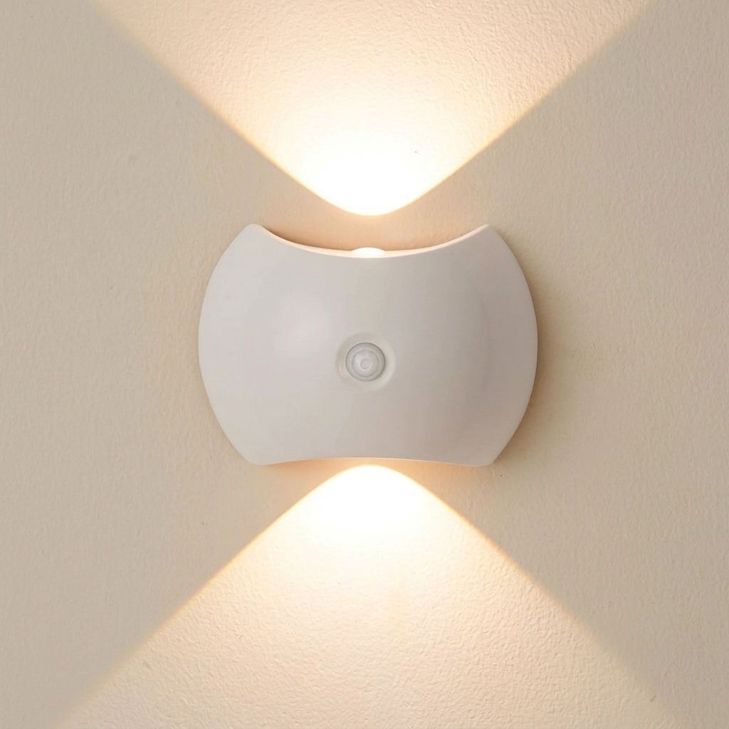 White wall-mounted light fixture on a beige wall