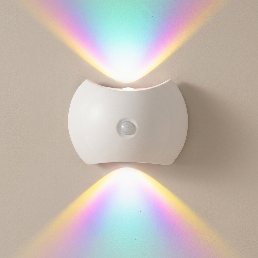 White motion sensor light emitting colorful beams on a beige wall