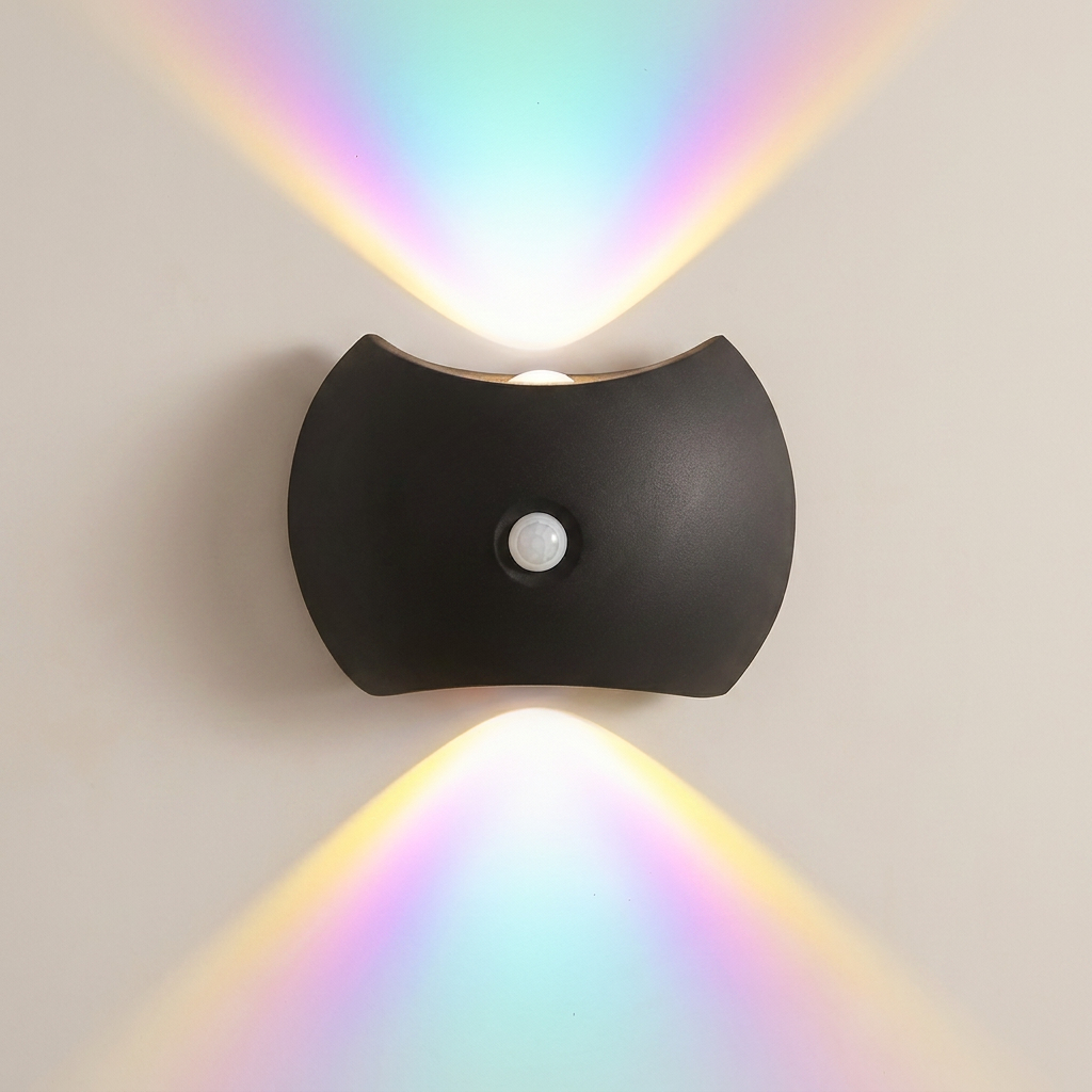 Modern wall light fixture with rainbow-colored illumination on a neutral background