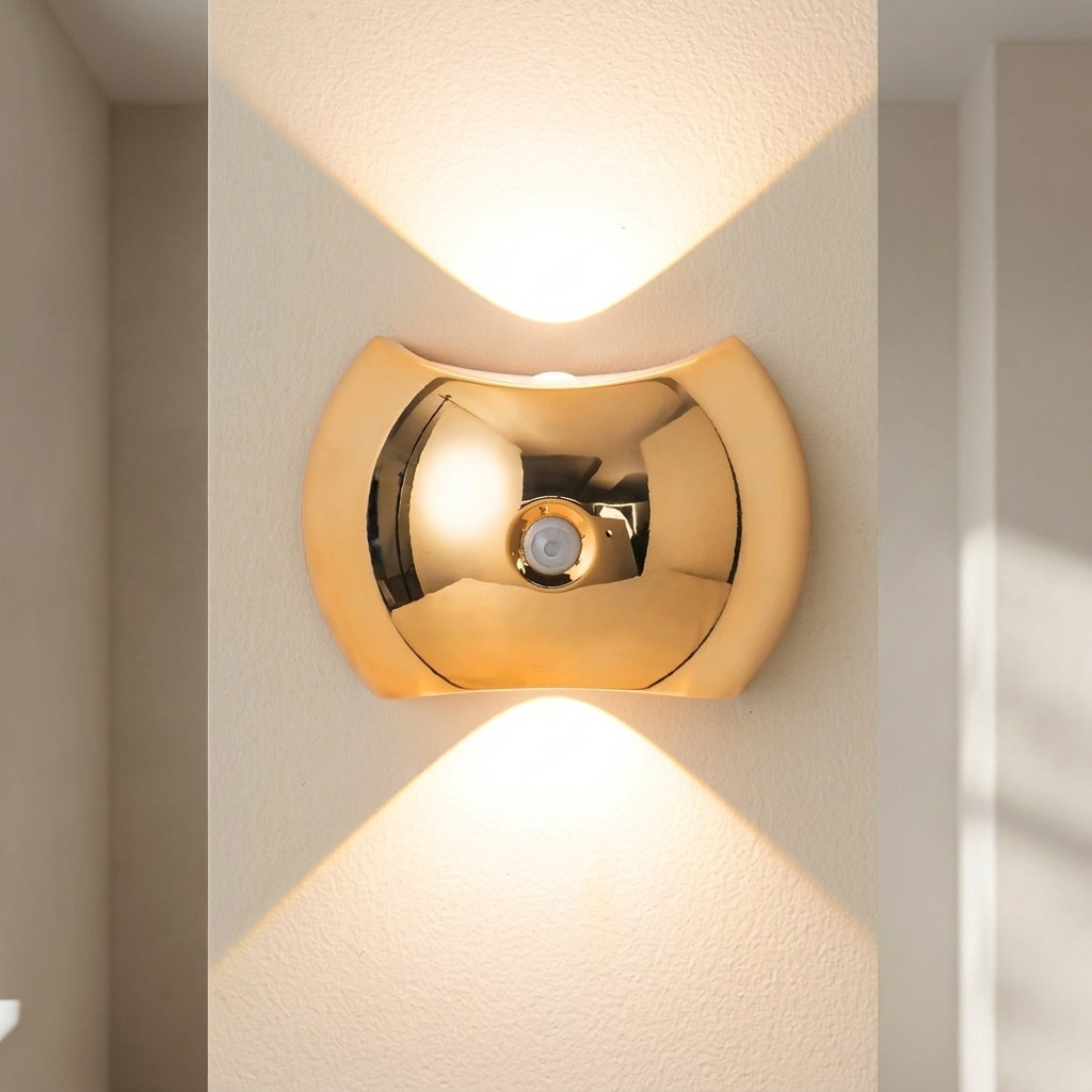 Gold wall sconce fixture on a neutral wall