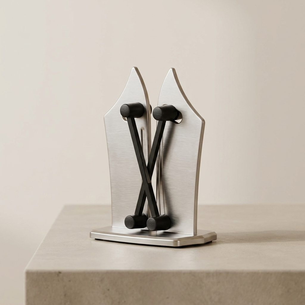 Metallic bookend with a modern design on a neutral background