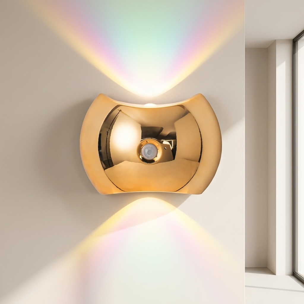 Gold wall light fixture on a neutral wall with a window in the background
