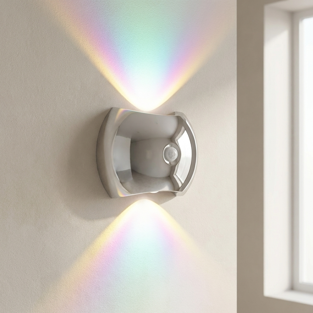 Wall-mounted light fixture casting a rainbow of colors on a wall