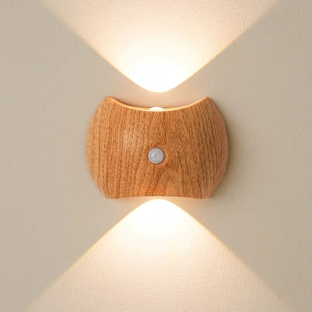 Wooden wall light fixture on a neutral wall